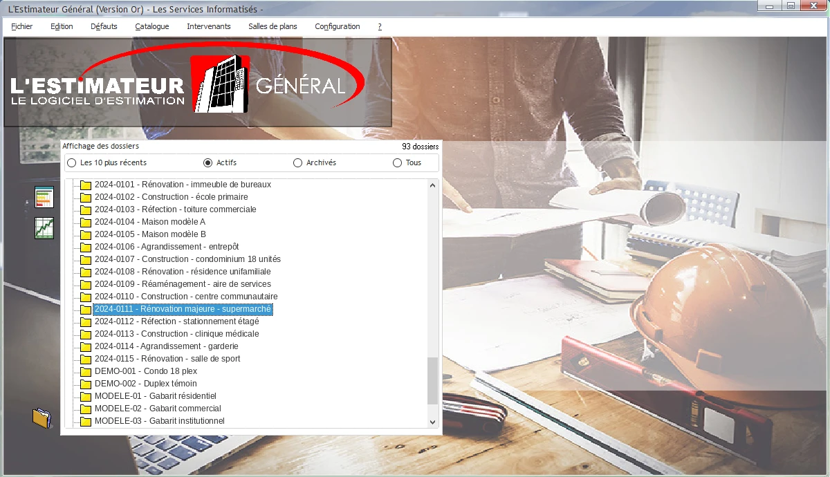 Liste des projets dans L’Estimateur Général
